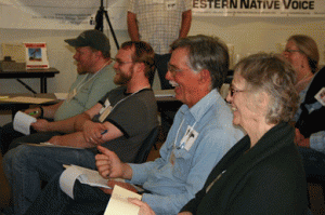 Representatives from WORC's member groups participate in a mock press conference at the WORC Ag and Food Campaign Team meeting in April.   Photo by Jerry Neri (WCC)