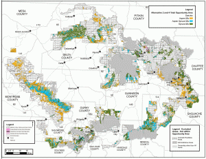 The proposed action (above) would treat up to 120,000 acres in the GMUG National Forest. The colored areas on the map are being considered for treatment. (Click for larger image.)